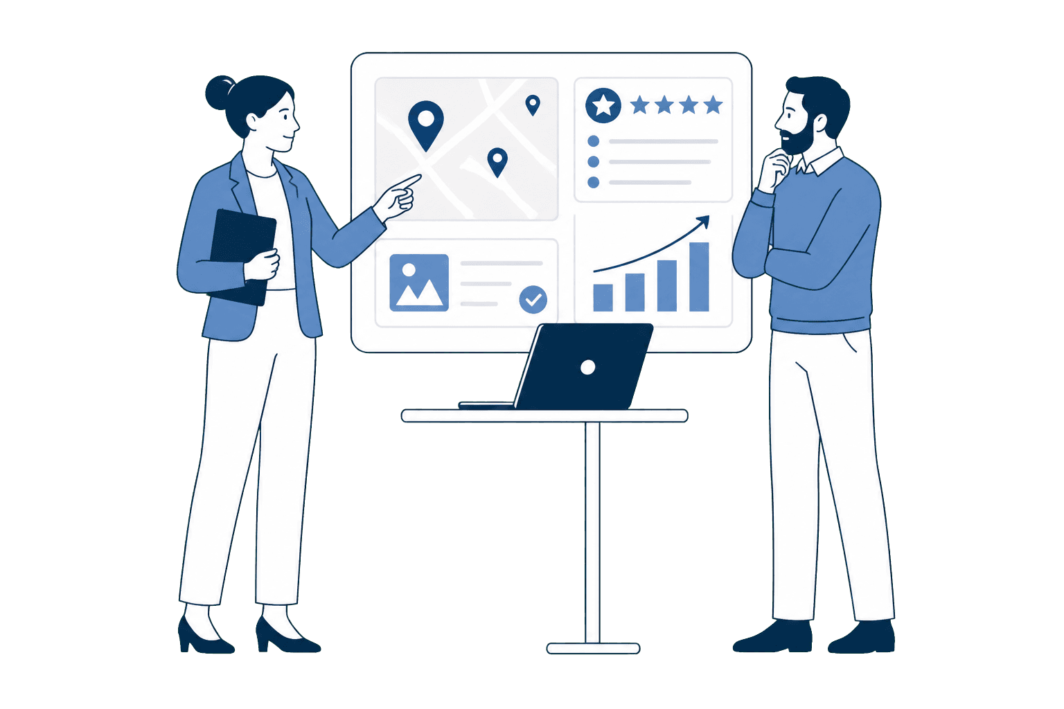 Illustration of a Visibility Manager reviewing priorities with a business owner