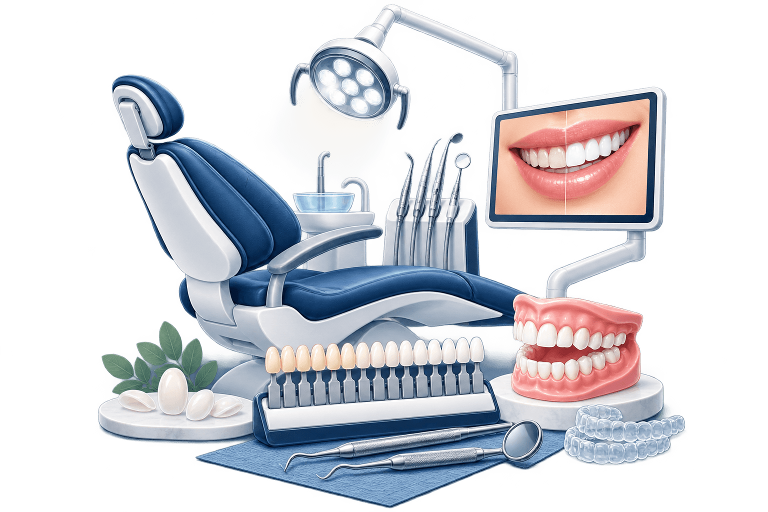 Cosmetic dental chair, shade guide and digital smile preview