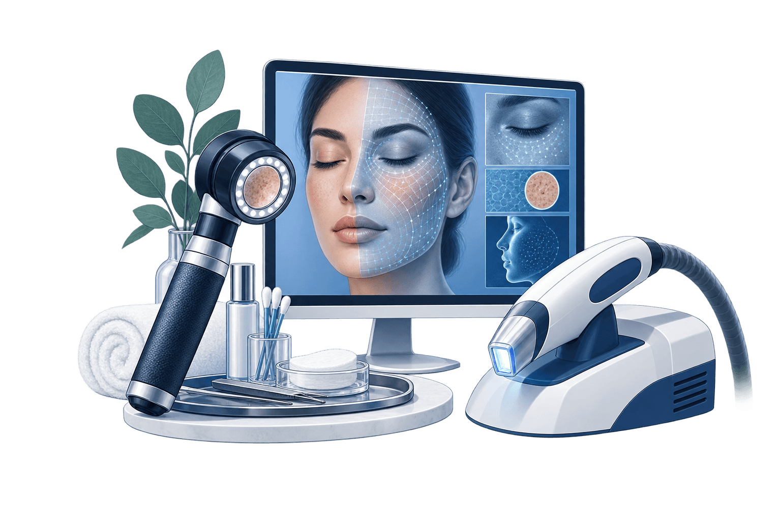 Dermatoscope, skin laser and clinical facial mapping