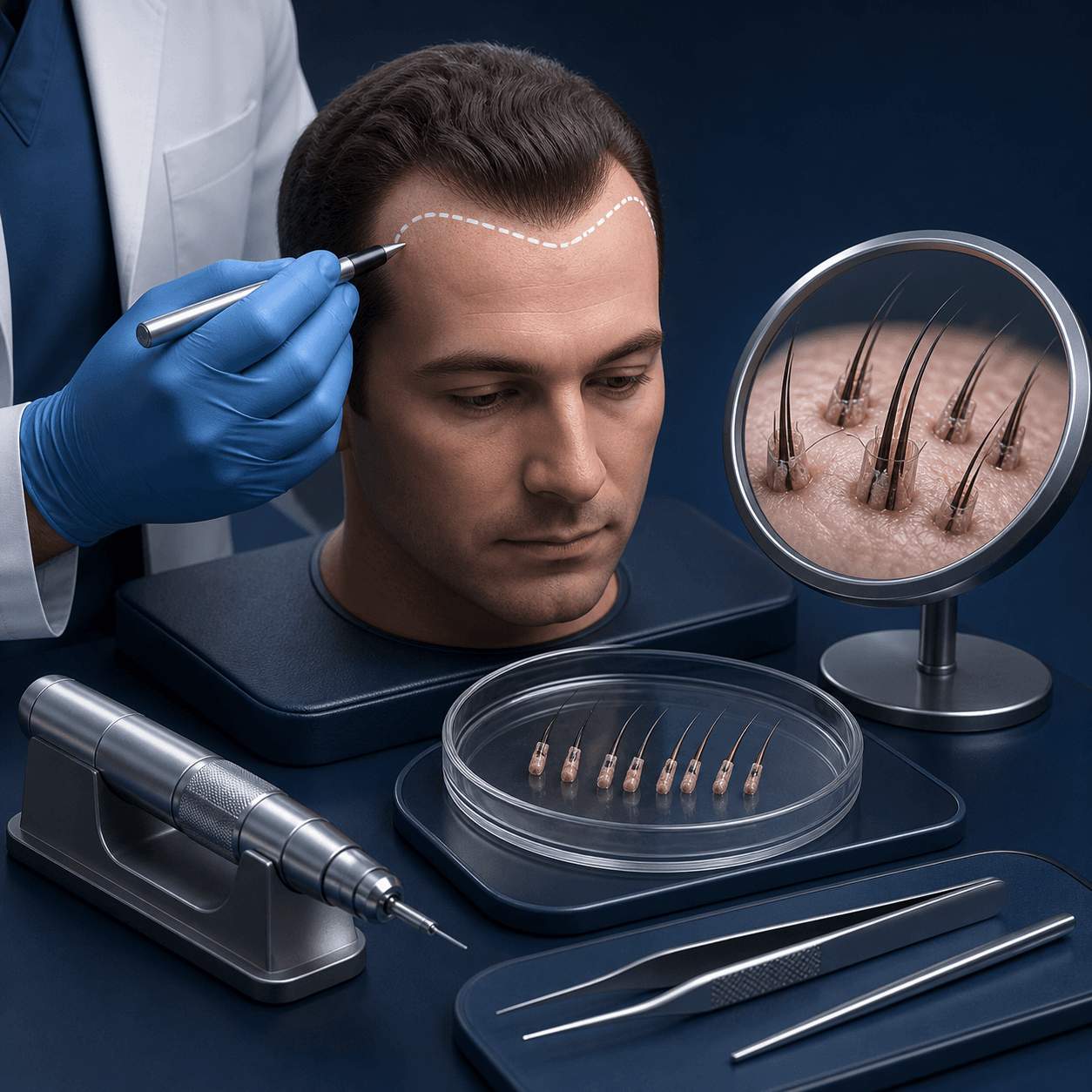 Hairline assessment with FUE grafts and transplant instruments