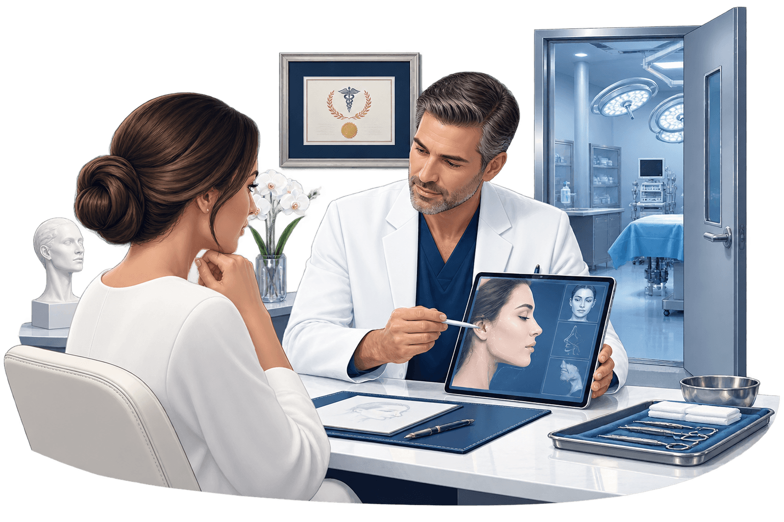 Plastic surgeon consultation beside an accredited surgical suite